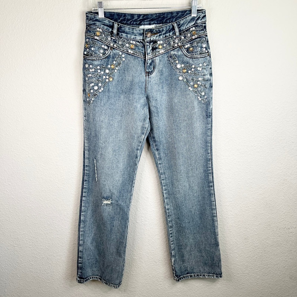 Jeanology Vintage Straight Leg Jeweled Bling Jeans Womens 29 Mid Rise Light Wash